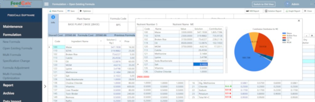FeedCalc formula screen with nutrient contribution and a pie chart